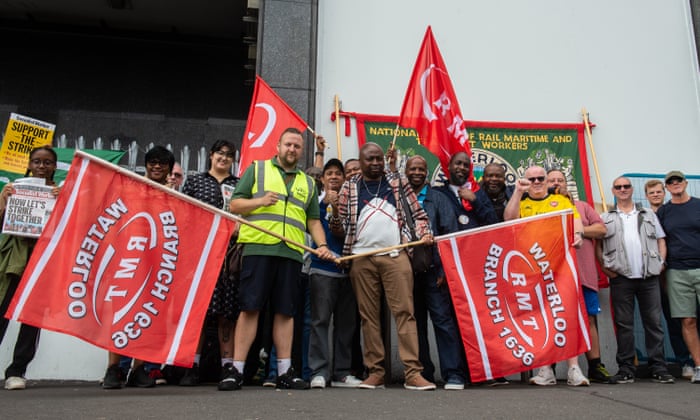 RMT members on the picket line at Waterloo Station during the national rail strike over pay on 18 August.