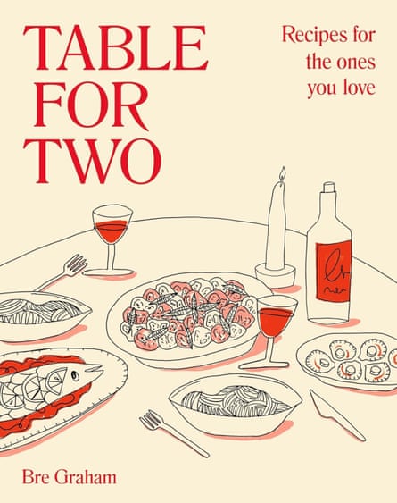 a book cover that says table for two with a black and red illustration of a meal on a table