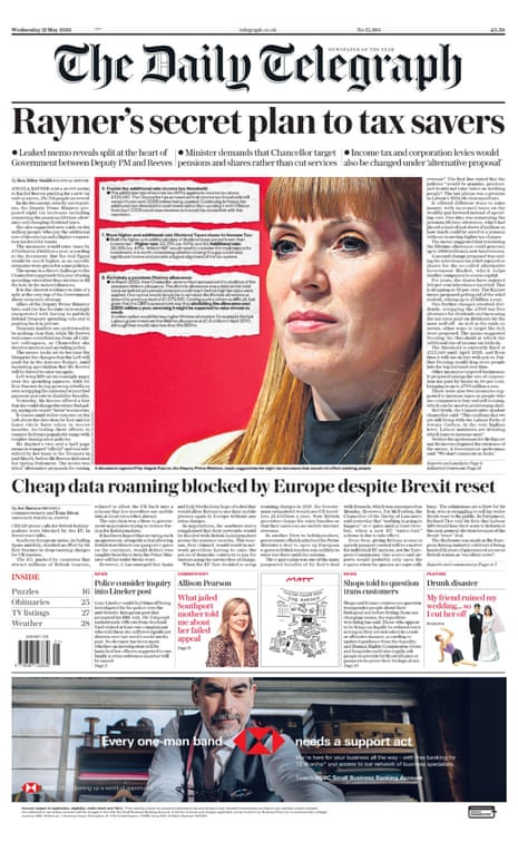 Front page of the Telegraph with the headline 'Rayner's secret plan to tax savers'