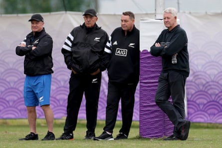 Enoka (second from left) with the All Blacks selector Grant Fox (left), NZRU chief executive Steve Tew and head coach Steve Hansen at the 2019 Rugby World Cup in Japan.