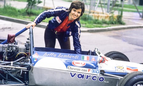 Lella Lombardi with her race car in the 1970s