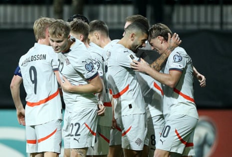 Iceland’s Albert Gudmundsson celebrates scoring their first goal with his teammates.