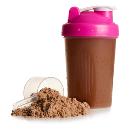 Chocolate flavoured protein shake on a white background.