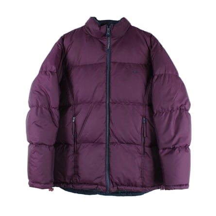 A purple puffer coat on a white background