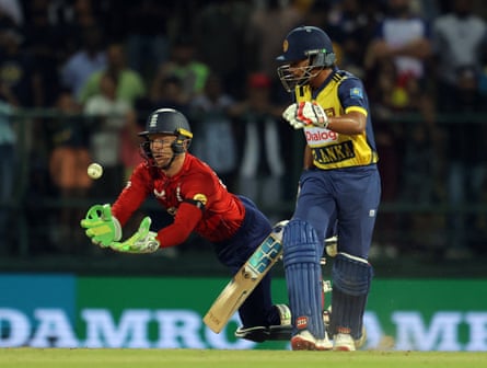 Jos Buttler takes a catch to dismiss Sri Lanka's Dunith Wellalage off the bowling of England's Jacob Bethell