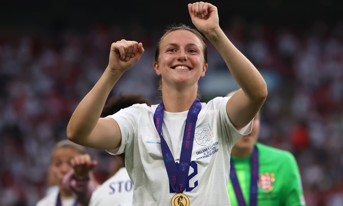 Lotte Wubben-Moy celebrates after England’s Euro 2022 final win over Germany at Wembley.