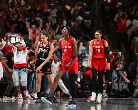 Rhyne Howard #10 of the Atlanta Dream celebrates during the game against the Phoenix Mercury on May 24, 2026 at Gateway Center Arena at College Park in Atlanta, Georgia.