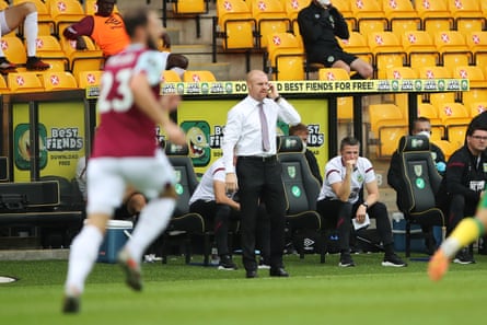 Burnley’s manager, Sean Dyche, on the touchline during a game