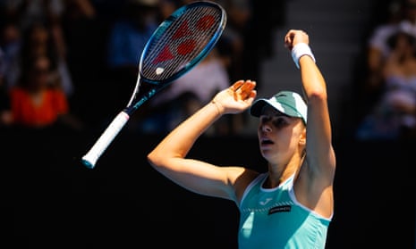 Magda Linette reacts after converting match point against Karolína Plíšková in the Australian Open quarter-finals.
