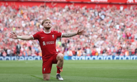 Harvey Elliott of Liverpool celebrates scoring the fourth goal to make the score 4-0 before a late surge by Spurs.