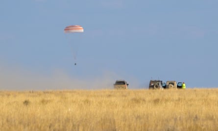 The Soyuz MS-23 capsule carrying the International Space Station (ISS) crew of Russian cosmonauts Sergey Prokopyev, Dmitri Petelin and NASA astronaut Frank Rubio landing in Kazakhstan.