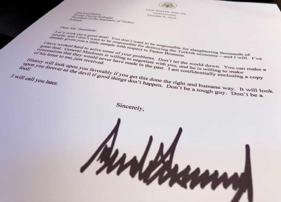 A 9 October letter from Donald Trump to Recep Tayyip Erdoğan.
