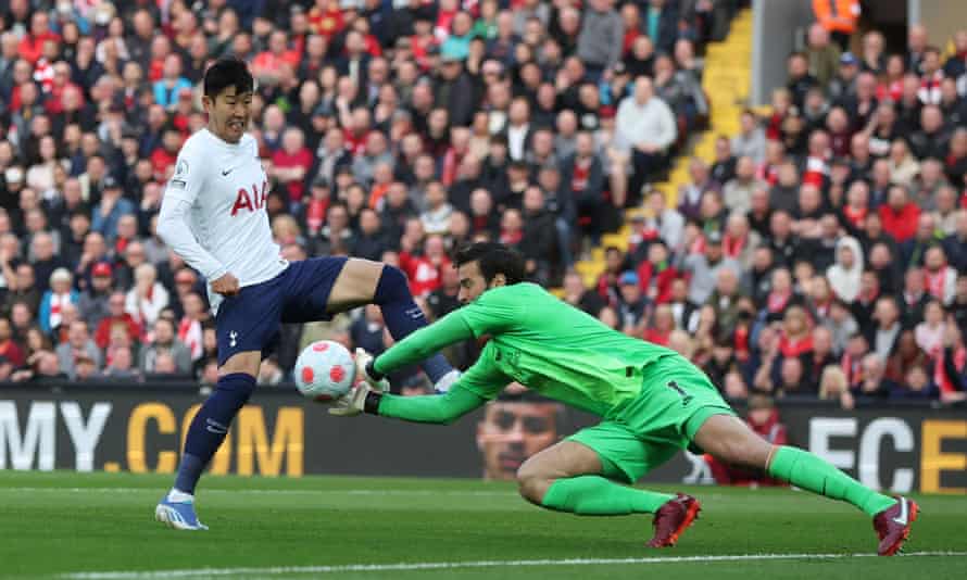 Liverpool v Tottenham: Premier League – live! | Premier League 3 Alisson in action with Tottenham Hotspur’s Son Heung-min.