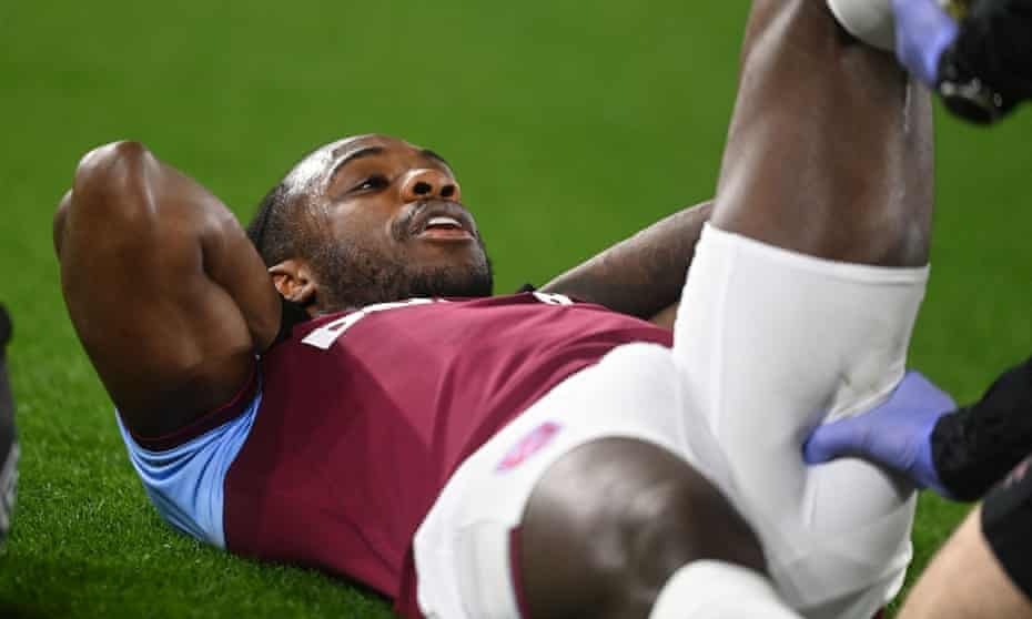 Michail Antonio receives treatment on the hamstring injury suffered during West Ham’s win at Wolves last Monday