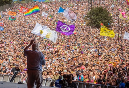 David Attenborough addresses the crowd from the Pyramid Stage, June 2019.