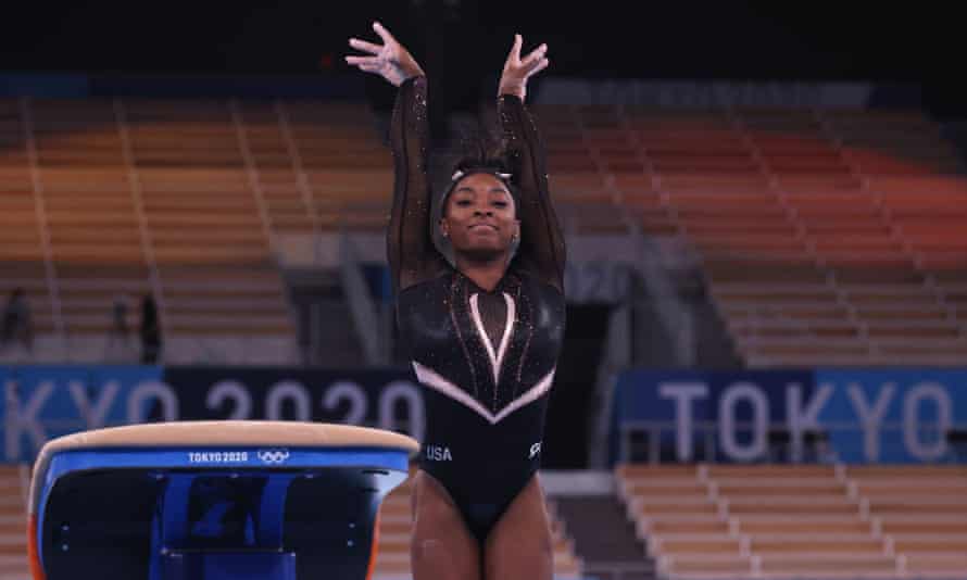 Simone Biles of the United States on the vault during training