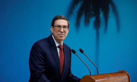 Cuba's foreign minister, Bruno Rodríguez, at a lectern