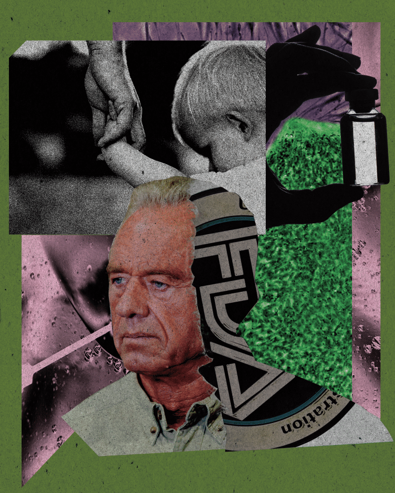Collage of photos of Robert F Kennedy Jr, a child holding a hand and an FDA symbol