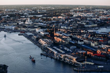 An aerial view of the port in Helsinki in low light