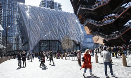 The Shed, which is next to Thomas Heatherwick’s Vessel (right) in the Hudson Yards development of New York.