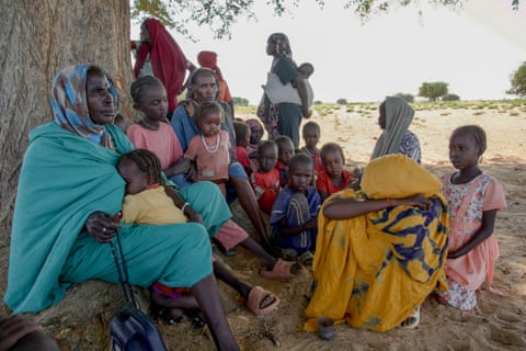 Women and children huddle together in the shade of a tree