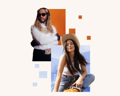 A black man wearing shades, a white shirt and sporting blond hair and a woman with long dark hair in a white vest, jeans and a cowboy hat.