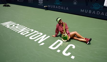 Alexandra Eala poses with her trophy after beating Jessica Pegula.