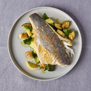 Sea bass with braised courgettes.