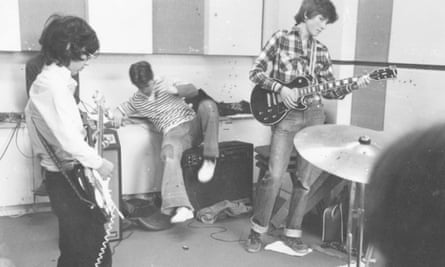 The Spark Plugs (with David Baddiel, left, on Strat copy guitar) in the school music room, c1977.