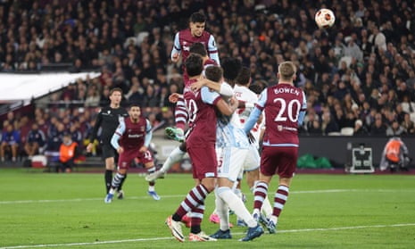 West Ham United's Nayef Aguerd goes close with a header in the first half against Olympiakos.