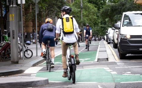Cyclists on the cycleway on Pitt Street, Sydney, Australia