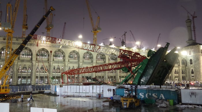 The crane which collapsed onto the Grand Mosque is seen on its side.