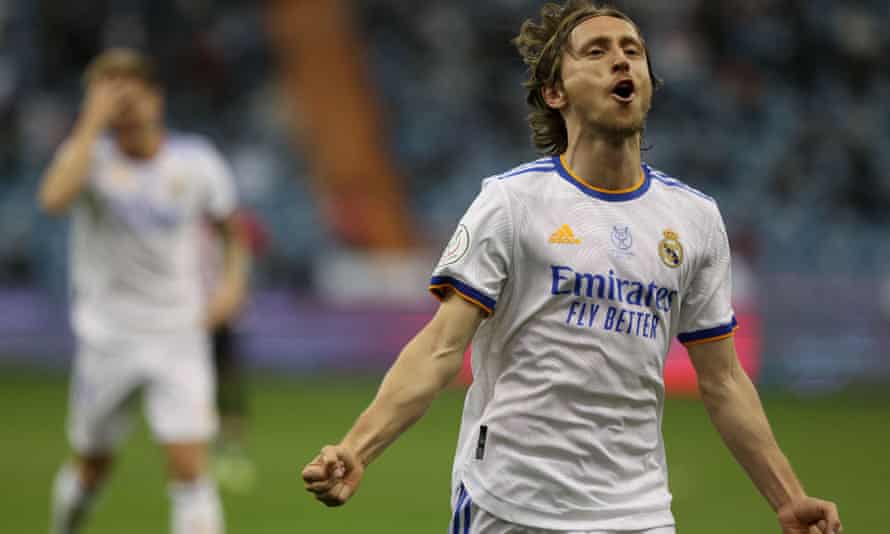 Luka Modric (Real Madrid) celebrates his first-half goal against Athletic Bilbao.