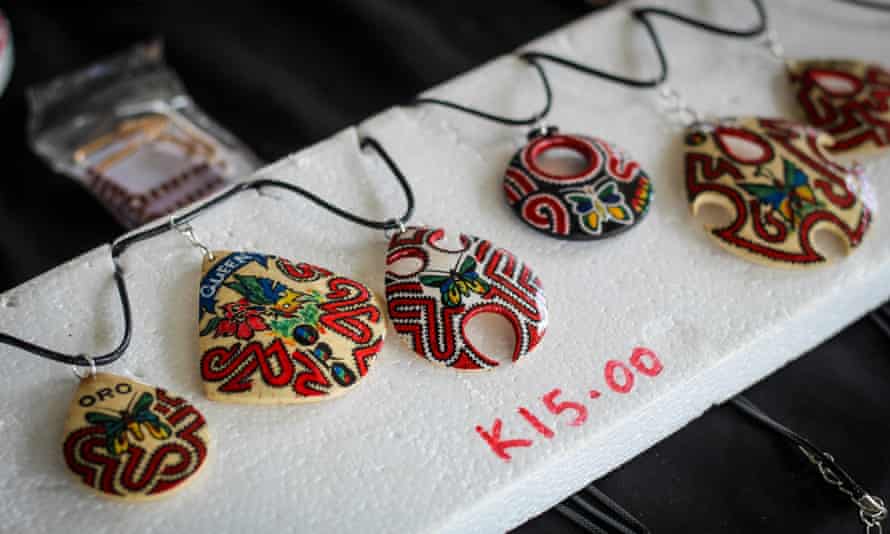 Jewellery featuring a tapa design for sale at the craft market in Popondetta town.