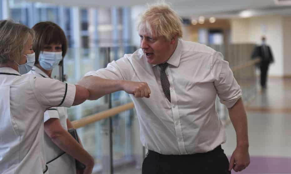 Boris Johnson meets medical staff during a visit to Hexham general hospital in Northumberland.