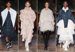 Simone RochaThe ancient church of St Bartholomew was a fitting setting for Simone Rocha’s SS22 collection, the clothes being reminiscent of communion dresses complete with satin ties and intricate embroidery. Rocha, who has recently given birth to her second child, included a nod to christening gowns and nursing bras encrusted with jewels, and name-checked new baby ‘lack of sleep’ on her show notes. Tactile layers of tulle, lace and broderie anglaise and pearl details run throughout. Noteworthy were the knitted christening shawls and a rosebud brocade coat, like an antique quilt.