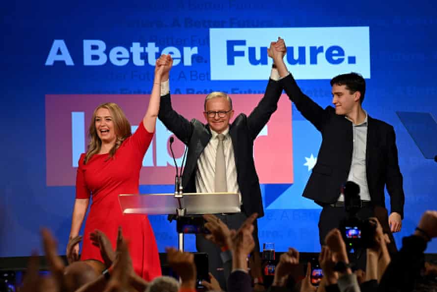 Anthony Albanese celebrates with his partner Jodie Haydon and son Nathan Albanese after winning the 2022 federal election.