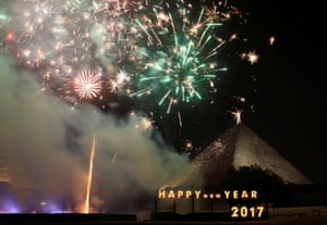 Fireworks above the pyramids on the outskirts of Cairo, Egypt