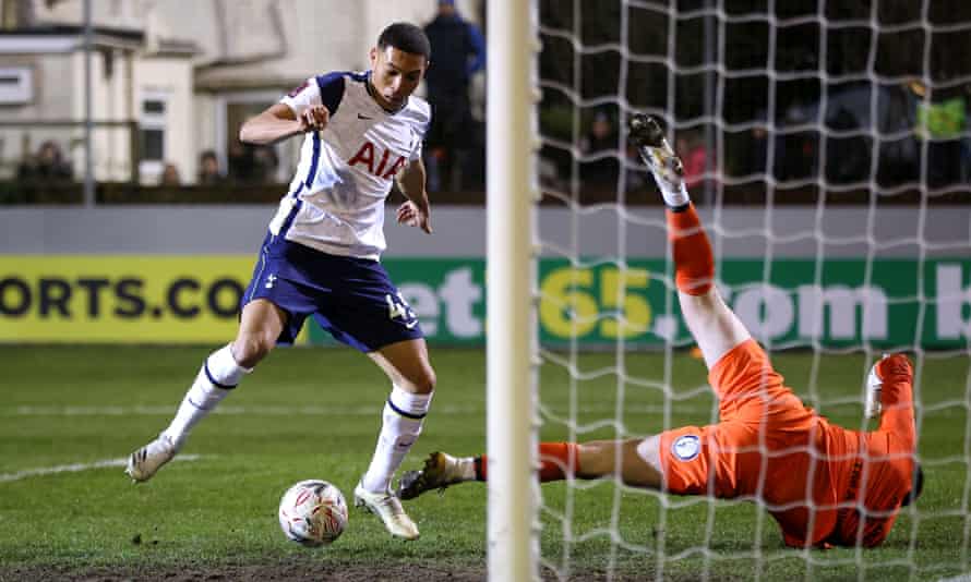 Carlos Vinícius scores the first of his three goals for Tottenham at Marine.