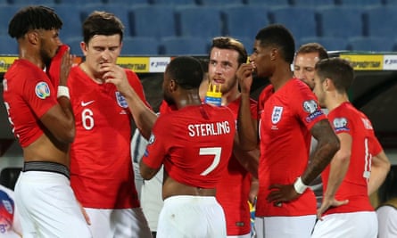 Tyrone Mings, Raheem Sterling and Marcus Rashford are visibly upset as the games is held up for a 2nd time due to racist behaviour from the Bulgaria fans during the UEFA Euro 2020 Qualifiers match at Vasil Levski National Stadium