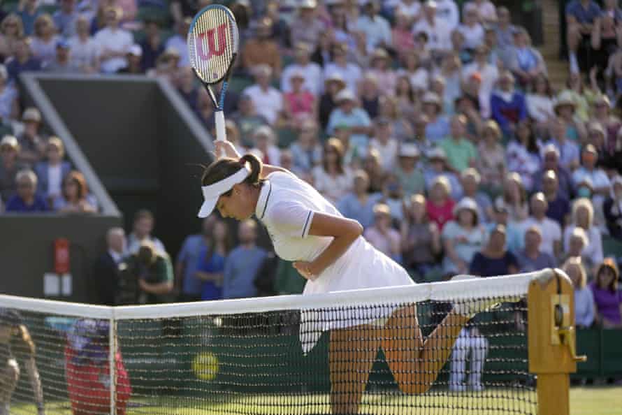 Tomljanovic falls into the net as she wins match point against Cornet.
