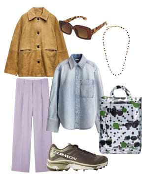 Brown suede jacket, tortoiseshell Sunglasses, pearl and gemstone beads,  pale blue denim shirt, transparent Beatles tote bag, black Salomon trainers. Lilac linen wide trousers