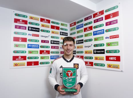 Lisandro Martinez of Manchester United with the EFL Carabao Cup player of the match award at the end of the game against Nottingham Forest.
