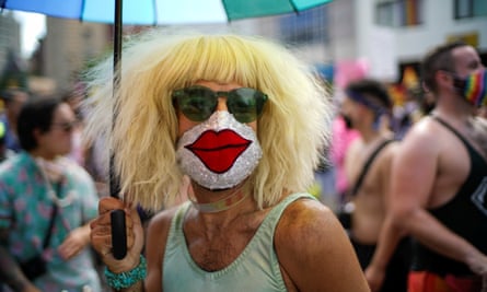 A demonstrator wears a decorated face mask at a joint LGBTQ and Black Lives Matter march in New York, 28 June