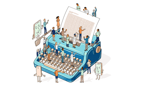 Illustration depicting a typewriter surrounded by shouting people and smartphones