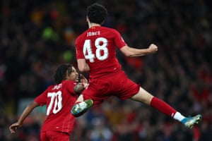 Curtis Jones of Liverpool celebrates the wonder strike which defeated Everton.