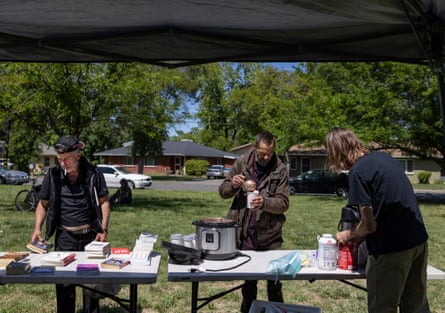 Chico DSA provides food and other items for the unhoused in Humboldt Park/Windchime Park in Chico, California.