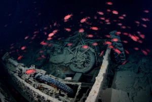 Fish swim round the underwater remains of the British cargo ship ‘Thistlegorm,’ which was sunk by German aircraft in 1941 after being deployed to transport military supplies from England to Egypt during World War II, in Egypt. The wreck, situated about 40km west of Sharm El-Sheikh, stands as one of the Red Sea’s most popular diving spots. Armored vehicles, torpedoes, jeeps, rifles and Norton motorcycles designed for desert use, along with wagons lying in the dark waters, reveal traces of history while serving as a habitat for diverse marine life