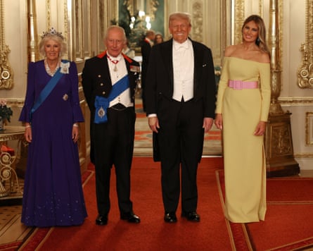 Queen Camilla, King Charles, Donald Trump and Melania Trump pose at the state banquet.