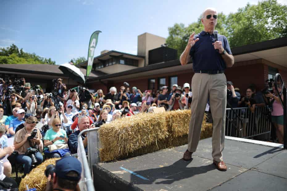 Biden delivers a 20-minute campaign speech at the Iowa state fair. Biden entered the race as the presumptive frontrunner, and has comfortably led the field since.